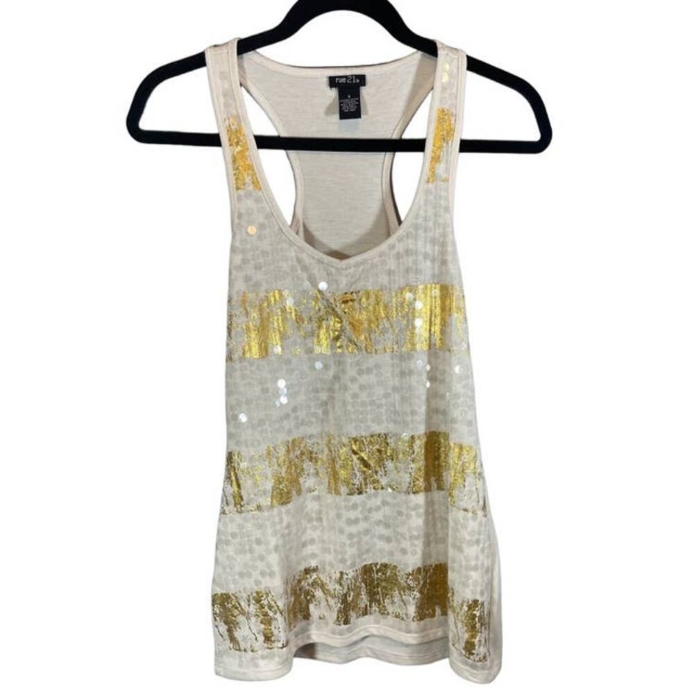 Rue 21 White and Gold Front Striped Clear Sequin Accented Racerback Tank